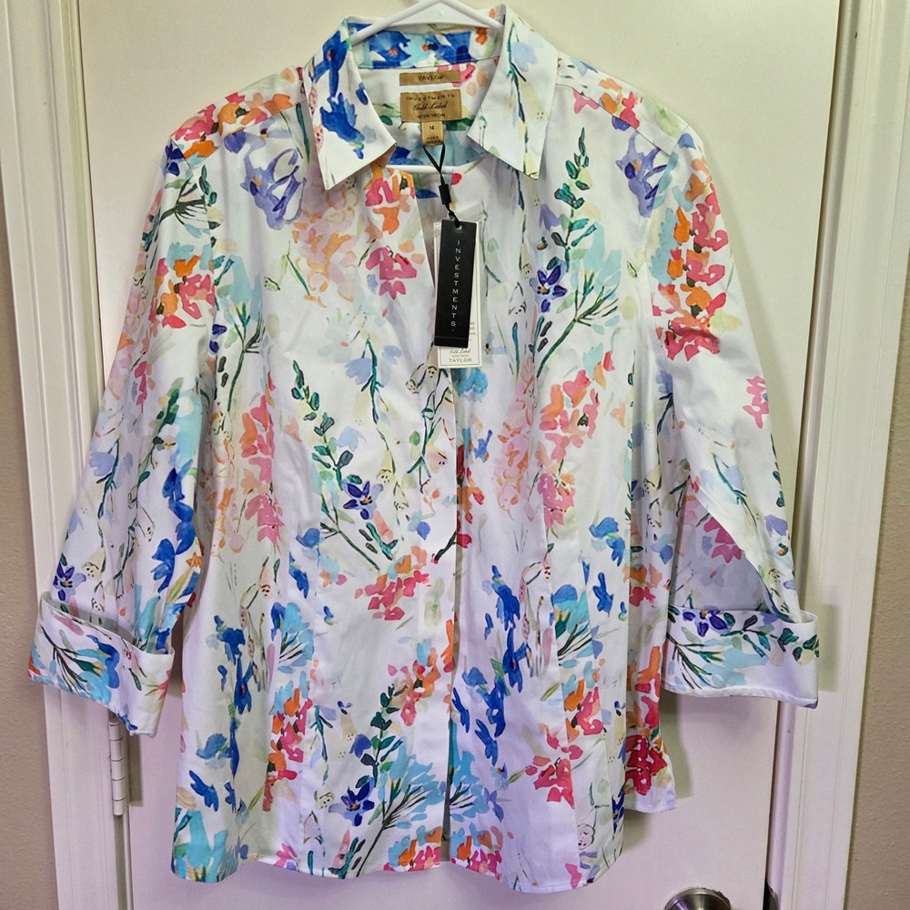 Investments Gold Label Taylor Non-Iron Floral Shirt 3/4 Sleeve White Multi 14